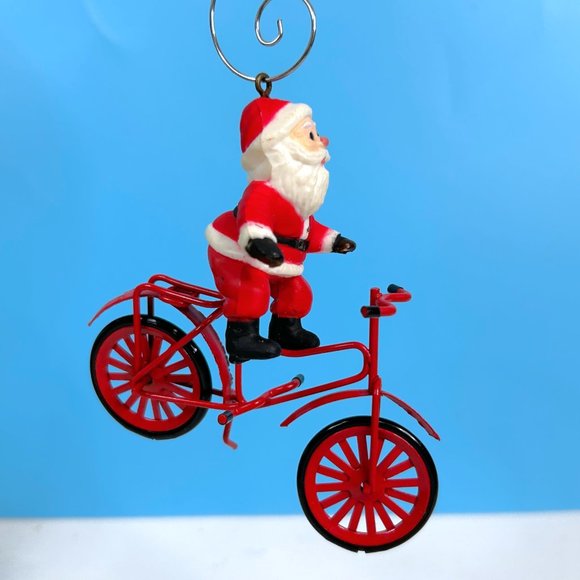 Vintage Santa Claus On Bicycle 3.5" Metal & Plastic Christmas Tree Ornament - Picture 4 of 4